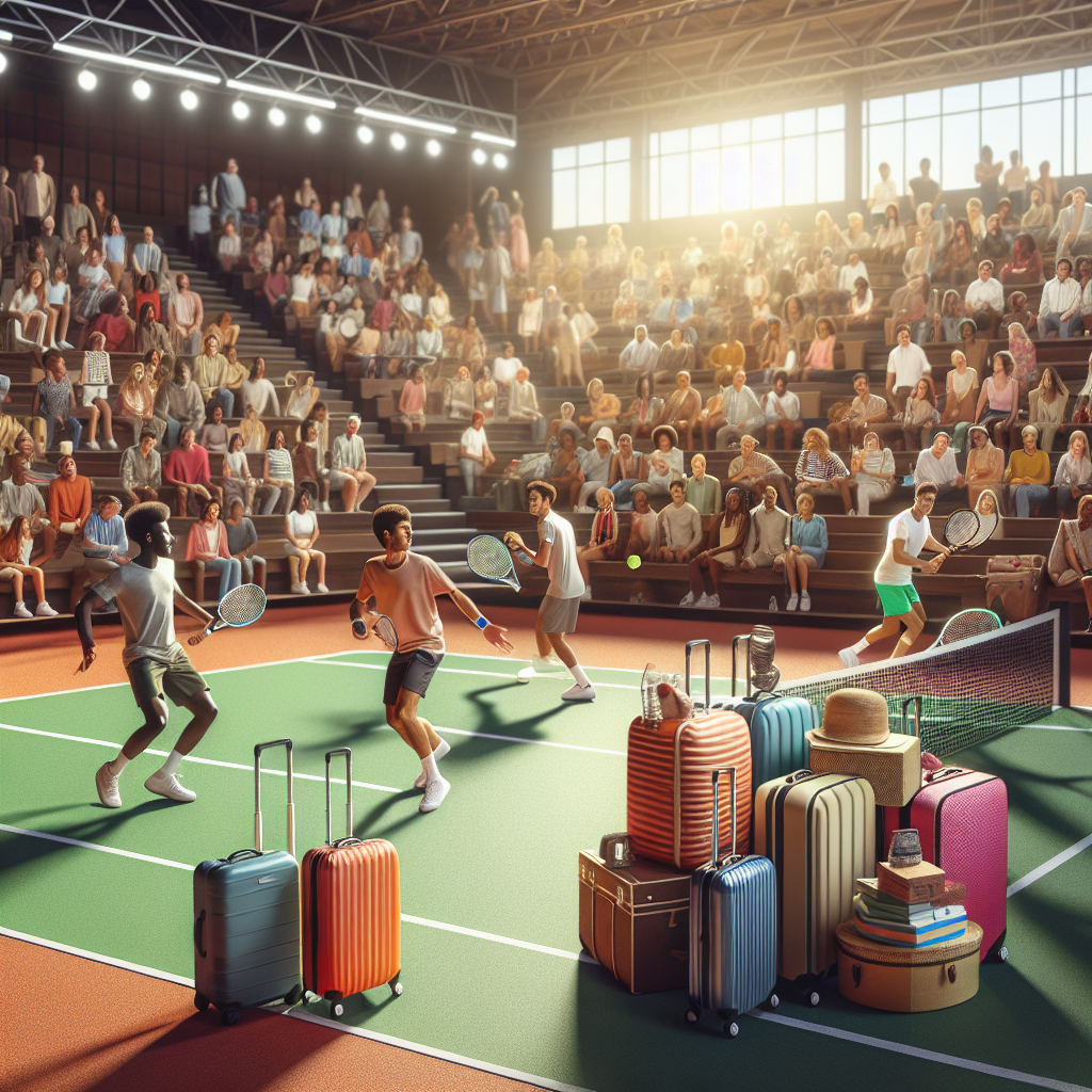 Aktive tennisspillere og tilskuere ved en solrik, budsjettvennlig turneringsarena, pakket bagasje og rimelig overnatting i bakgrunnen