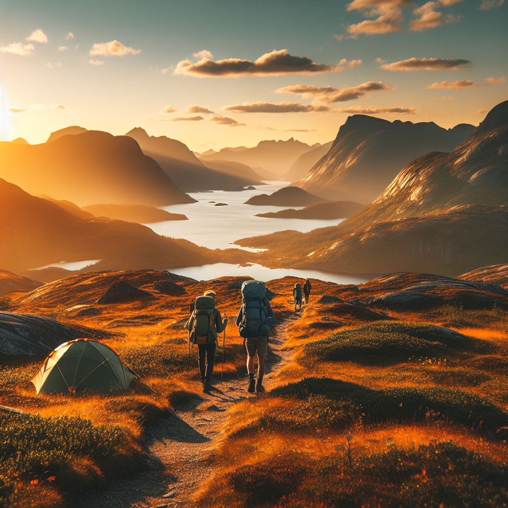 Vandrere på en norsk fjellsti i gyllen ettermiddagslys, med lett sekk, telt i bakgrunnen og utsikt over dal og innsjø; stemningsfull, realistisk