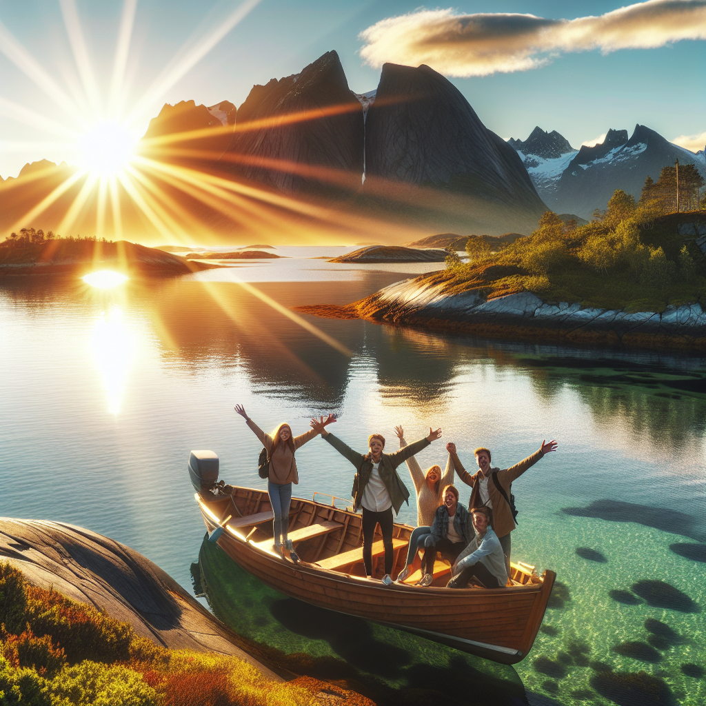 Solskinn over norsk skjærgård med liten båt ved fjæra, glade reisende, varm stemning, høyoppløst, innbydende reisefoto